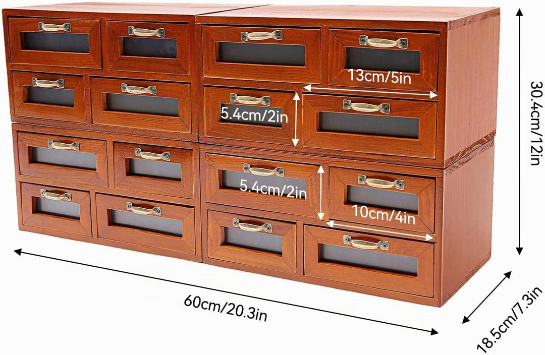 4 Stück Vintage Apothekerschrank Holz, 16 Schubladen mit Sichtfenster, Schreibtisch Organizer für Bü