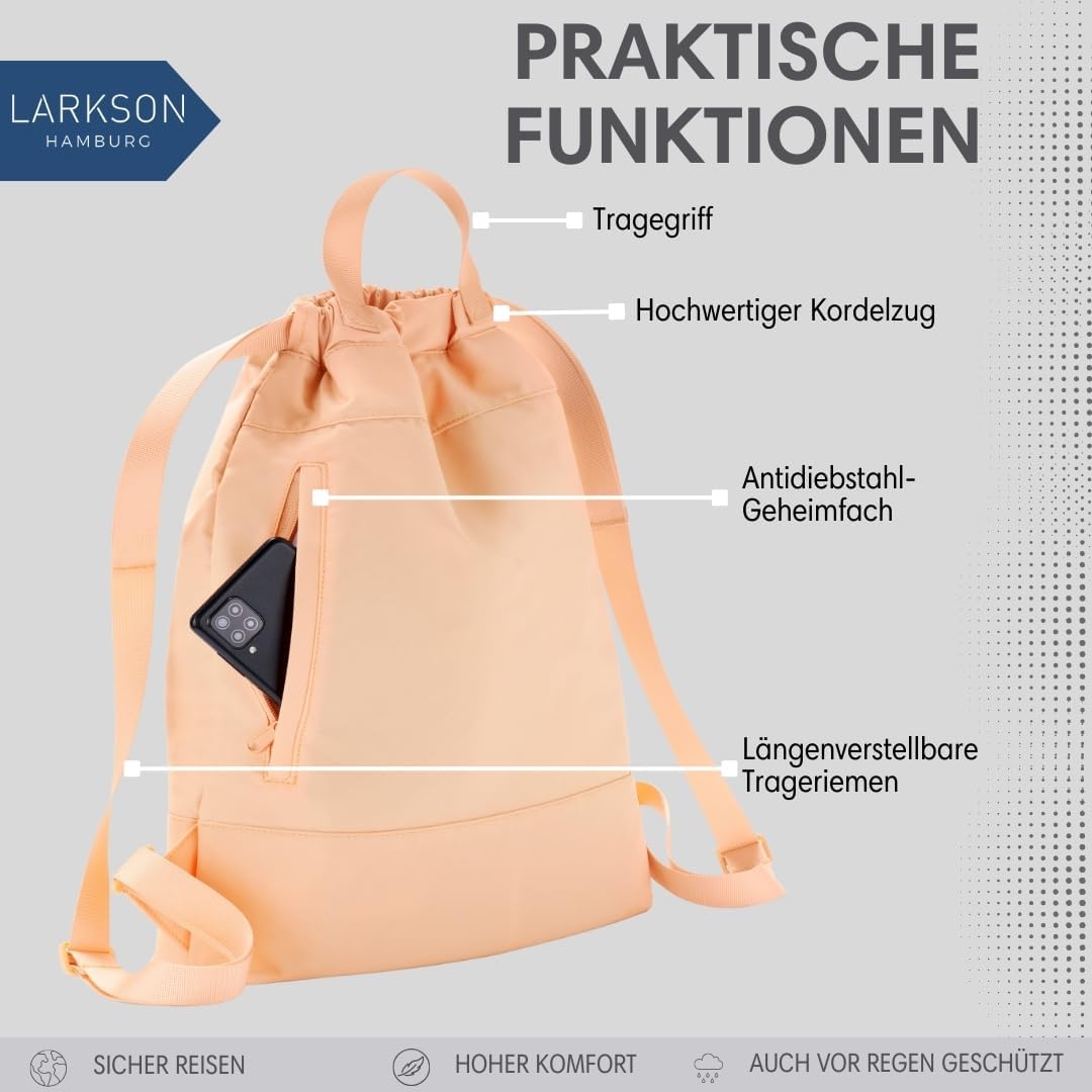 LARKSON Turnbeutel Damen &amp; Herren Orange - No 7 - Rucksack Damen für Sport und Festival - Beutel Ruc