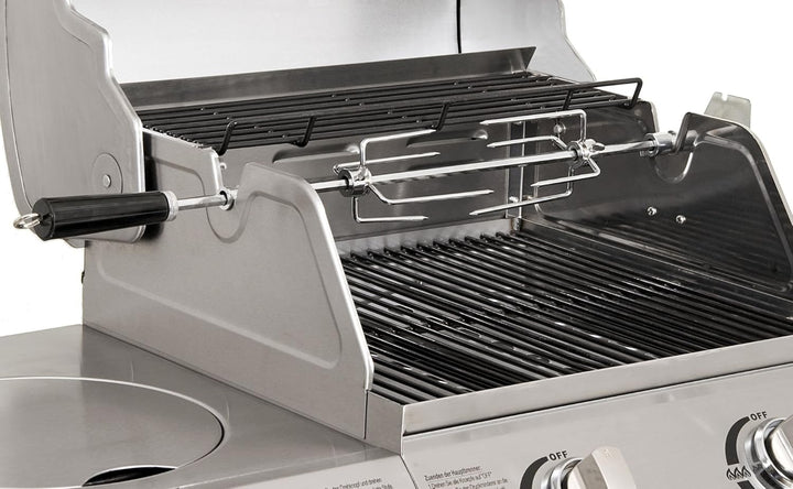 BBQ-Toro Grillspiess Set, 120 cm, inkl. Edelstahl Motor, 220V - 240V, inkl. 2 Stück Fleischklammern,