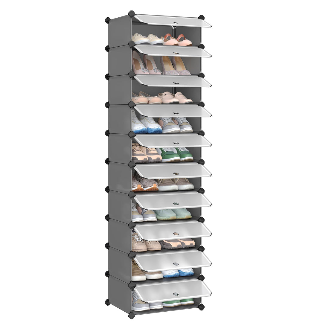 SONGMICS Schuhregal mit 10 Ebenen, Steckregal, Regalsystem, Schuh-Organizer, DIY-Regal, mit Tür, aus