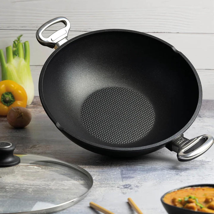 BAF Wok Induktion 32 cm mit Glasdeckel und Griffen - Aluguss Wokpfanne mit Antihaftbeschichtung, 10