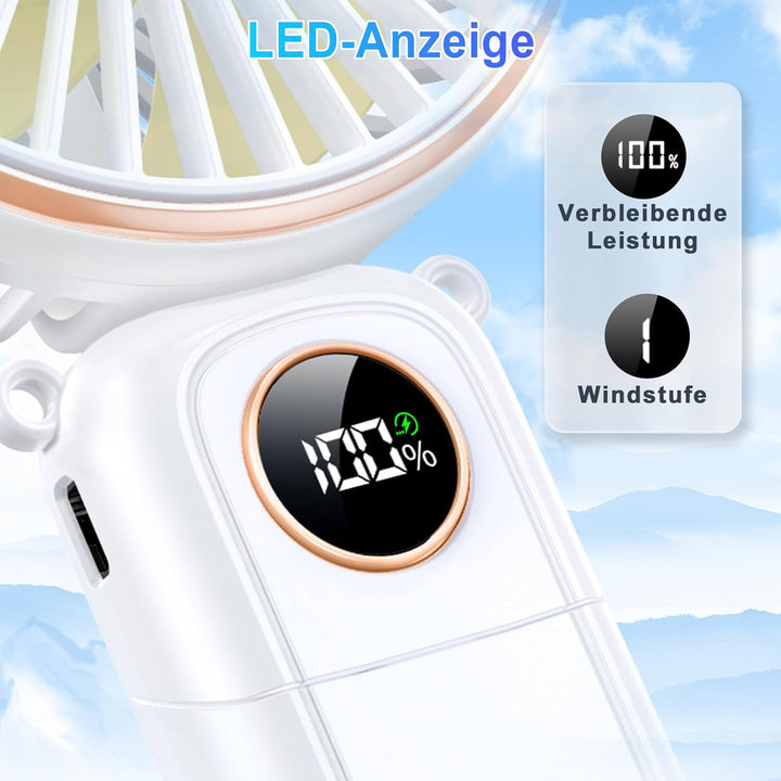 Handventilator mit LED-Anzeige, 5200 mAh Akku Aufladbar, Tragbarer Mini Ventilator mit Trageband, 6