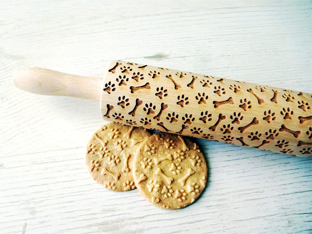 PFOTE und KNOCHEN Nudelholz für hausgemachtes Gebäck. Teigroller für Teig & Plätzchen. Gravierte Nud