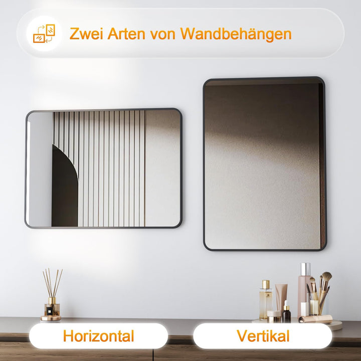 Spiegel Schwarz gross Wandspiegel 50x70cm Rechteckiger Metallrahmen Badspiegel Badezimmer Abgerundet