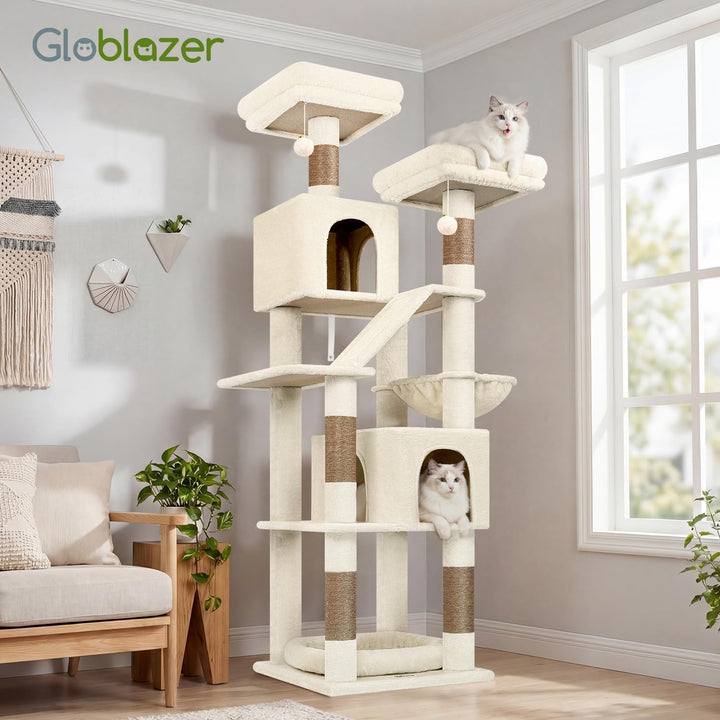 Globlazer Kratzbaum Ecke Hoch 189 cm mit 2 Katzenhaus, 2 Gepolsterte Sitzstangen, Katzenkorb VergröB