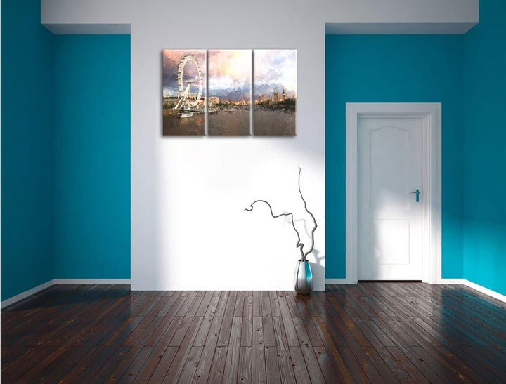 Pixxprint Riesenrad, London Eye Malerei Effekt 3-Teiler Leinwandbild 120x80 Bild auf Leinwand