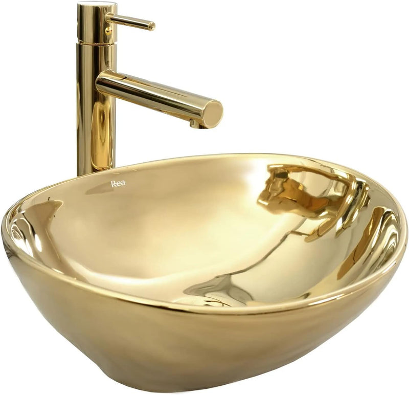 VBChome Waschbecken Gold + Armatur 41 x 35 x 15 cm Kleine Keramik Oval Waschtisch Handwaschbecken Au