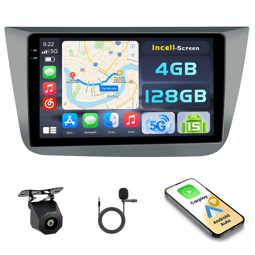 Hikity Android 15 4+128G Autoradio für Seat Altea 2004-2016 mit 9 Zoll Incell Touchscreen, Autoradio