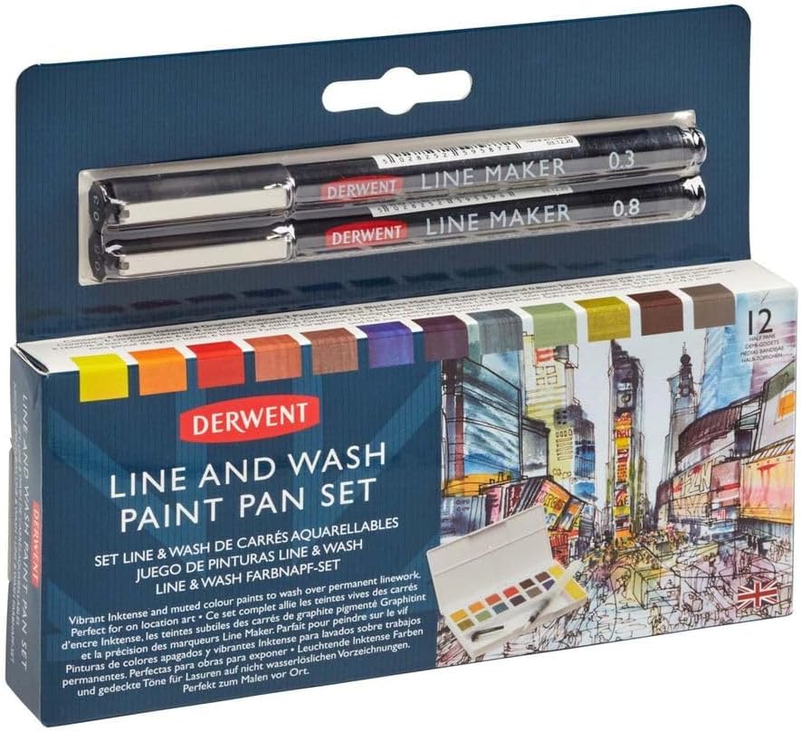Derwent Line and Wash Farb-Set, Set mit 12 Sortierten Farbtöpfchen, Inklusive 2 x Fineliner-Stiften,