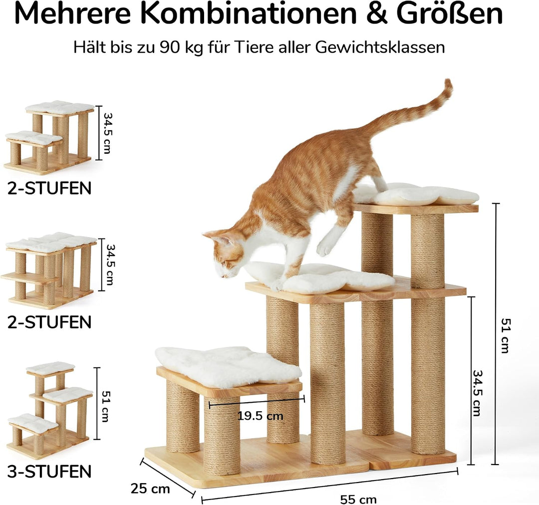 FUKUMARU Hundetreppe, 3 Stufen Haustiertreppe, Katzentreppe aus natürlichem Gummiholz und Jute，18-51
