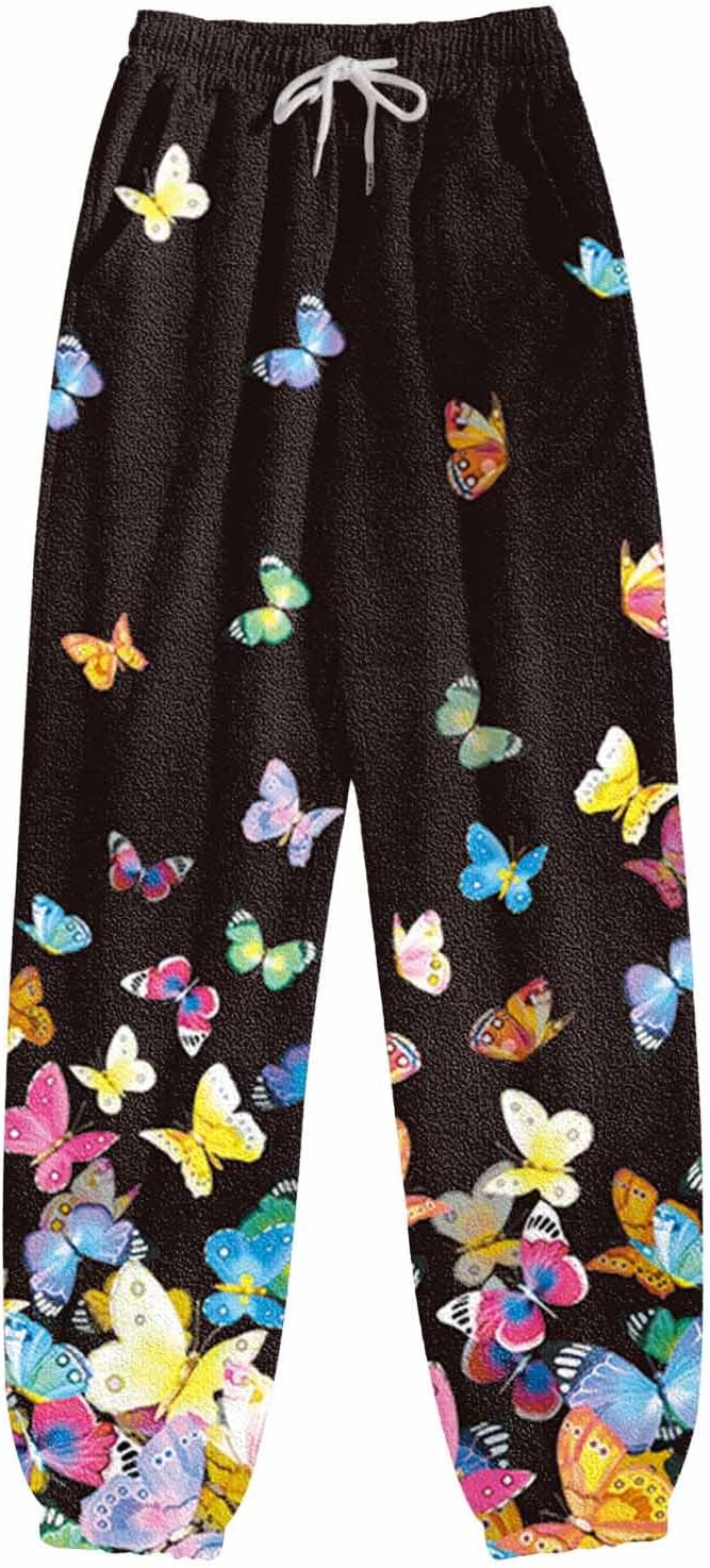 Jogginghose Damen, Damen Jogginghose Lang High Waist Trainingshose mit Taschen Schmetterling Drucken