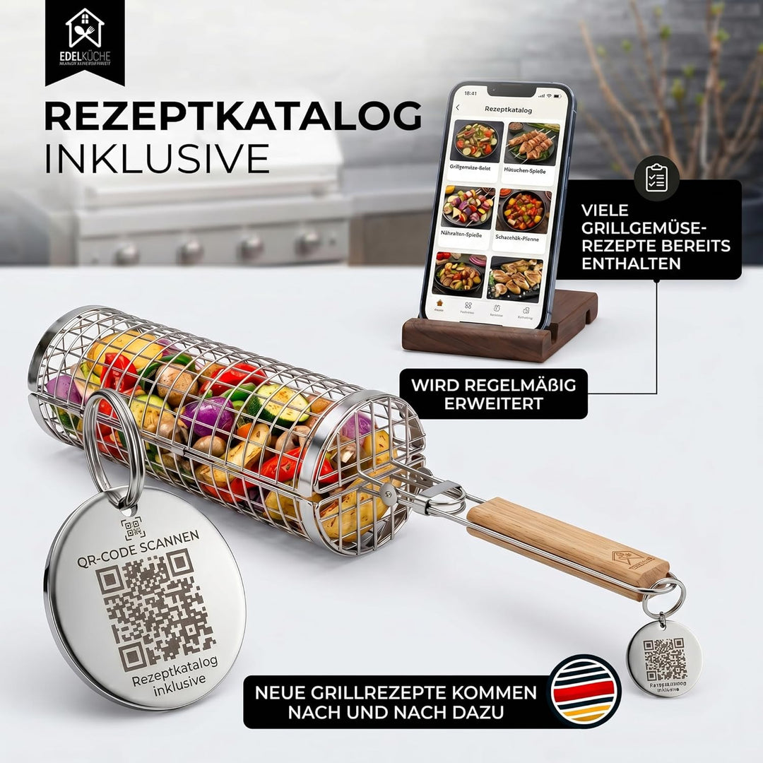 EdelKüche Premium Grillkorb (XXL) aus Edelstahl für Gemüse und Fleisch | Rund, Zylindrisch | Grillzu