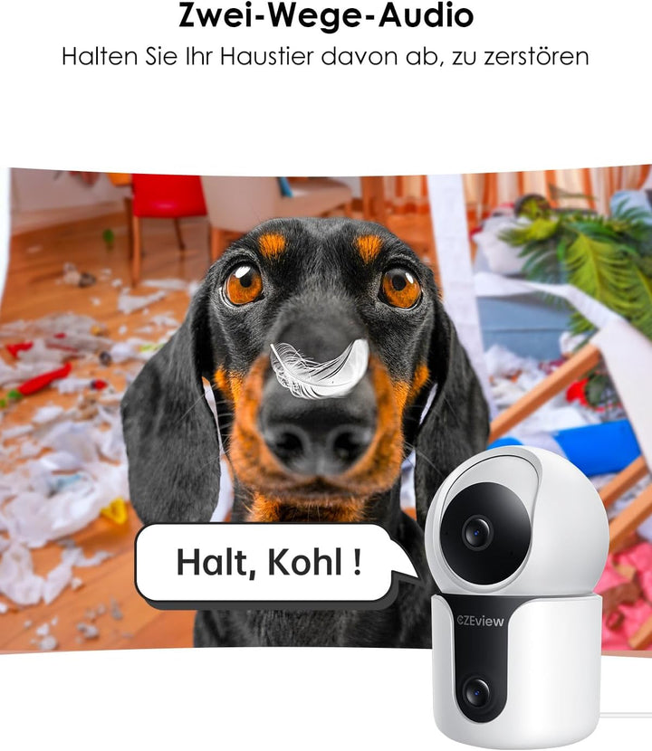 Überwachungskamera Innen mit 2K+2K Dual-Linsen, Nachtsicht, 2,4 & 5Ghz WLAN Kamera Überwachung Innen