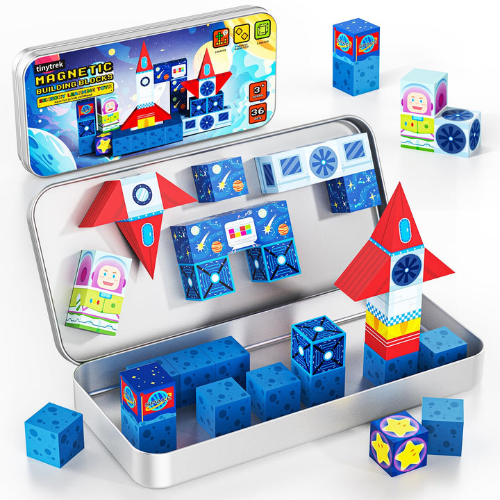 tinytrek Magnetische Bausteine Reisespielzeug für Kinder 36 Stück Tragbare Reise Mini-Magnetbaustein