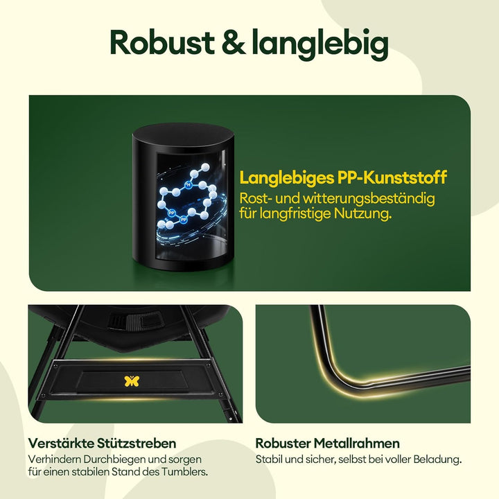 Komposter Garten 200L Schnellkomposter mit 2 Grossen Kammern und Schiebetüren Trommelkomposter 360°-