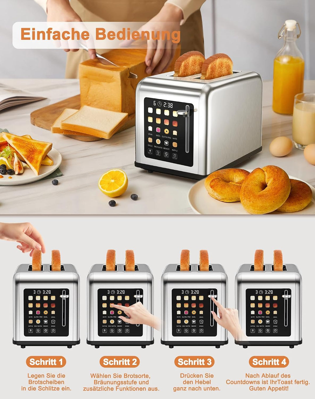 Toaster 2 Scheiben, Edelstahl Langschlitztoaster mit Smart Touchscreen & LED-Countdown, 8 Bräunungss