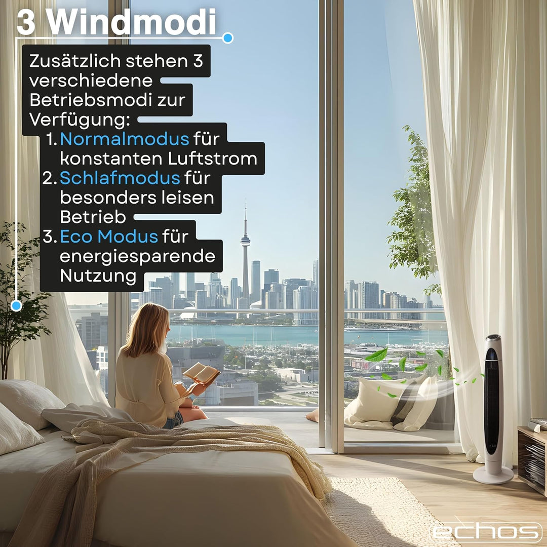 Echos Turmventilator | 3 Stufen | 3 Modi | 60 Watt | 8 Timer | Luftkühler | Fernbedienung | LED-Leuc