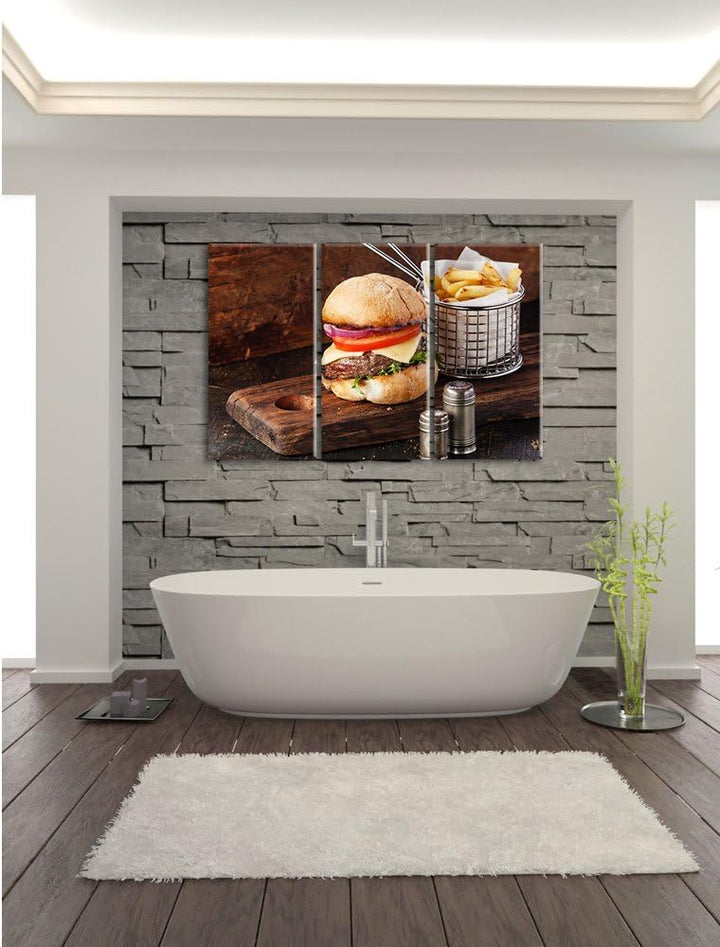Pixxprint Cheesburger mit Pommes 3-Teiler Leinwandbild 120x80 Bild auf Leinwand, riesige Bilder fert