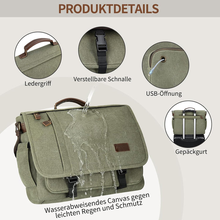 ESTARER Laptoptasche 17 Zoll Umhängetasche Canvas für Arbeit Uni, Armeegrün Grün 17.3 Zoll (Schnalle