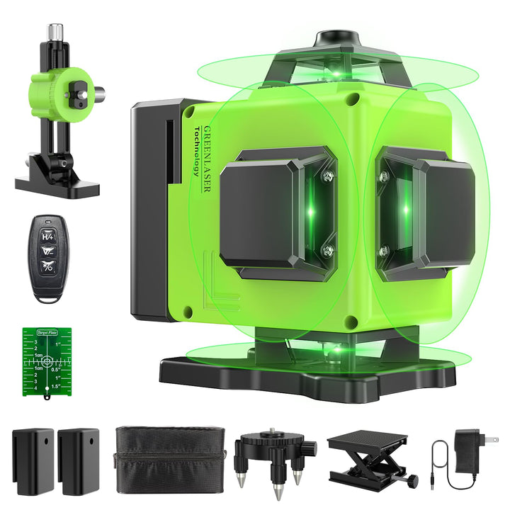 4D Kreuzlinienlaser Grün 360° Selbstnivellierend – 16 Linien Baulaser Set mit Einstellbarer Helligke
