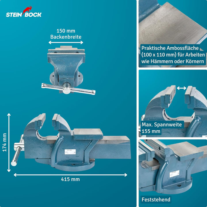 Steinbock Schraubstock | feststehend | 150 mm Backenbreite | 174 mm Höhe | 160 mm Breite | 415 mm Lä