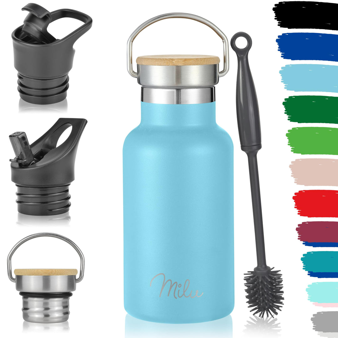 Milu Edelstahl Trinkflasche 350ml 500ml 750ml 1000ml (+3 Deckel) Thermosflasche mit Strohhalm Isolie
