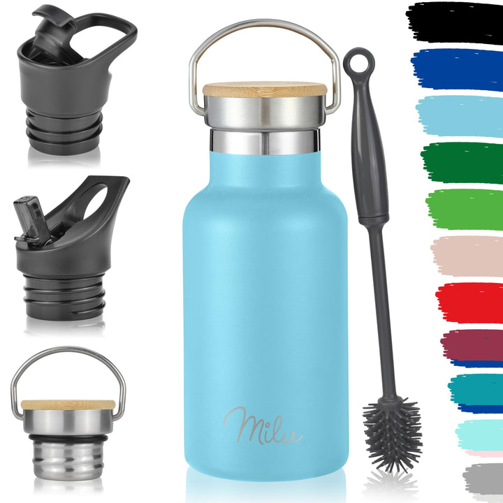 Milu Edelstahl Trinkflasche 350ml 500ml 750ml 1000ml (+3 Deckel) Thermosflasche mit Strohhalm Isolie