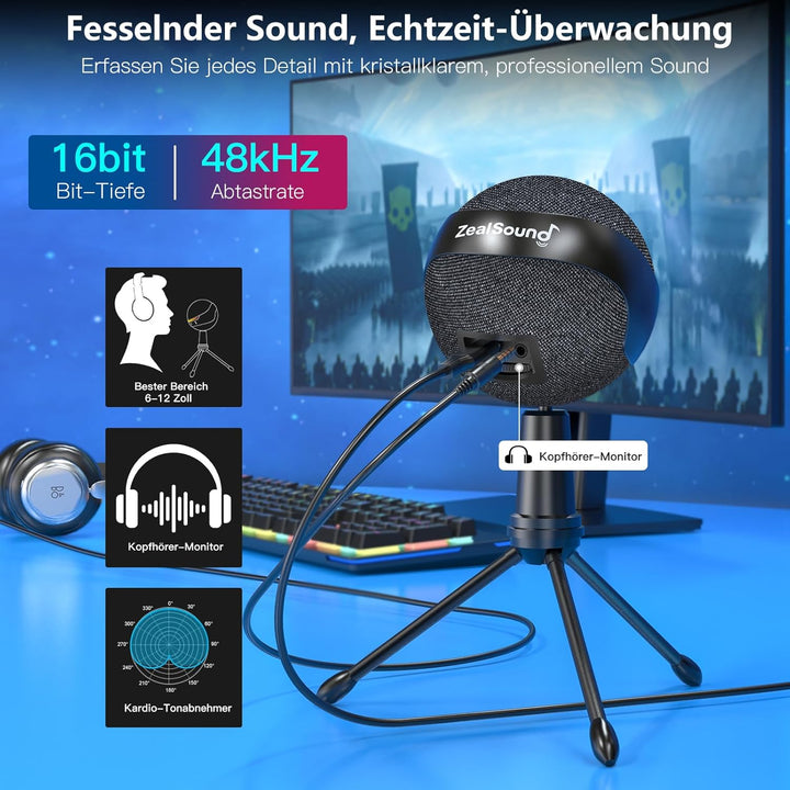 zealsound USB Mikrofon für Podcast Gaming auf PC iPhone Mac, Nieren Kondensatormikrofon mit Rauschun