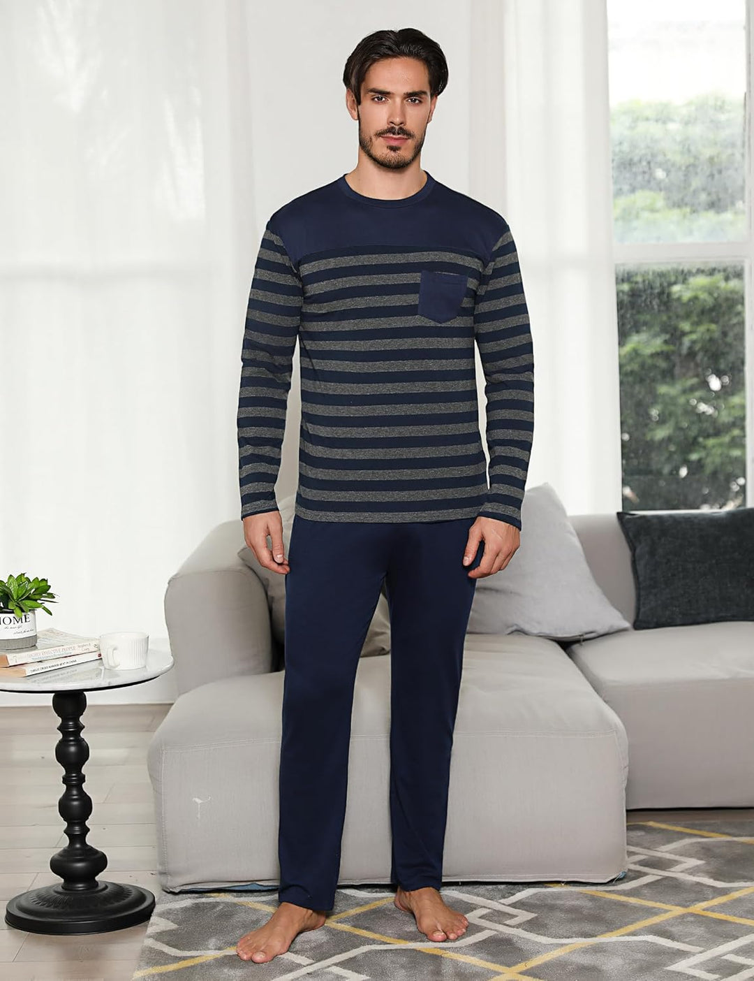 Irdcomps Schlafanzug Herren Pyjama Lang Winter Baumwolle Nachtwäsche Männer Set Langarm Gestreift L