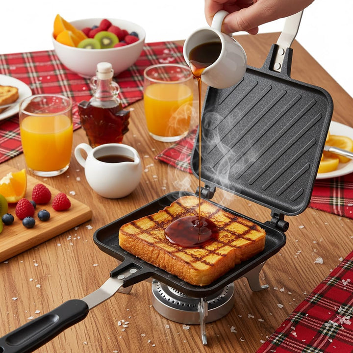Elsjoy Aluminium Doppelseitige Bratpfanne, Toastpfanne mit Hitzebeständigem Griff, Antihaftbeschicht