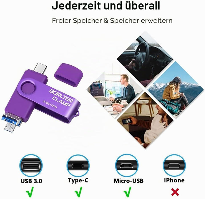BorlterClamp 256 GB 3-in-1 USB-Stick für Android Handys, OTG 3.0 Flash-Laufwerk Mit 3 Anschlüssen (T