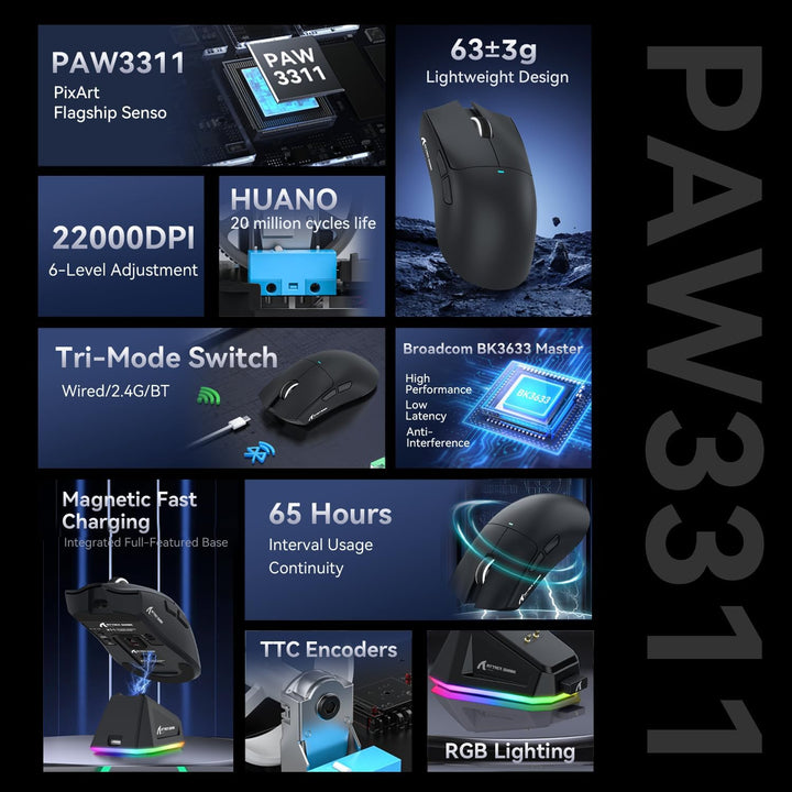 ATTACK SHARK X11 Gaming Mouse mit Magnetic Charging Dock, PixArt PAW3311 Gaming Sensor, BT/2.4G Wire