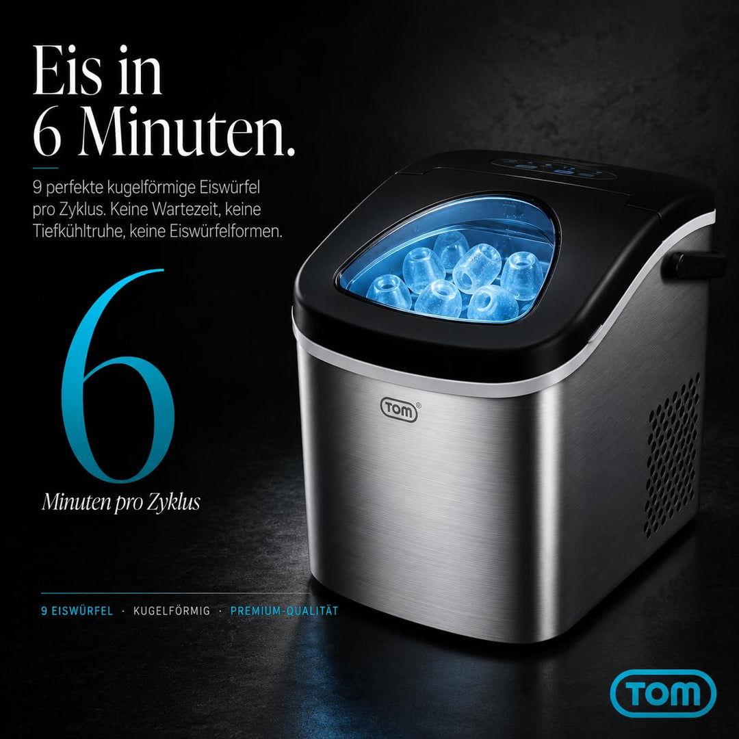 TOM Eiswürfelmaschine – 9 Eiswürfel in 6-8 min – 12 kg/24 h – 2 Würfelgrössen – Ice maker Eiswürfelm