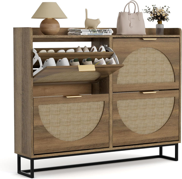 Schuhschrank Schmal, Schuhregal mit 4 Klappen, Schuhkipper mit Verstellbar, Schuhaufbewahrung Holz,