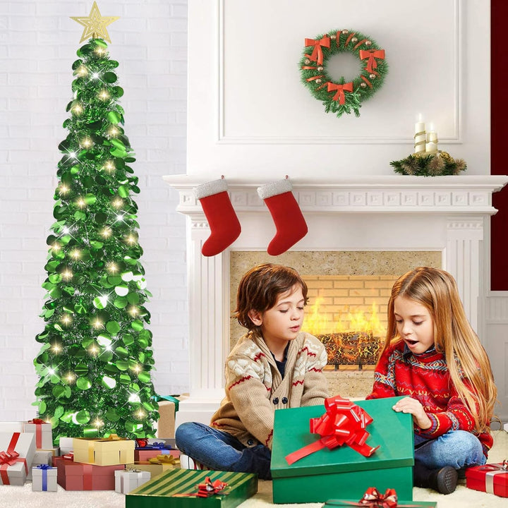 HMASYO 150 cm Pop-Up Lametta Weihnachtsbaum mit 50 Timer-Lichtern, Grün Zusammenklappbarer Künstlich
