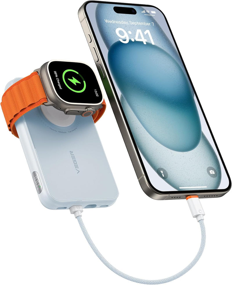 VEGER Mini Power Bank 20W PD, 10000mAh Powerbank mit Eingebautem Apple Kabel, mit Apple Watch Laden,