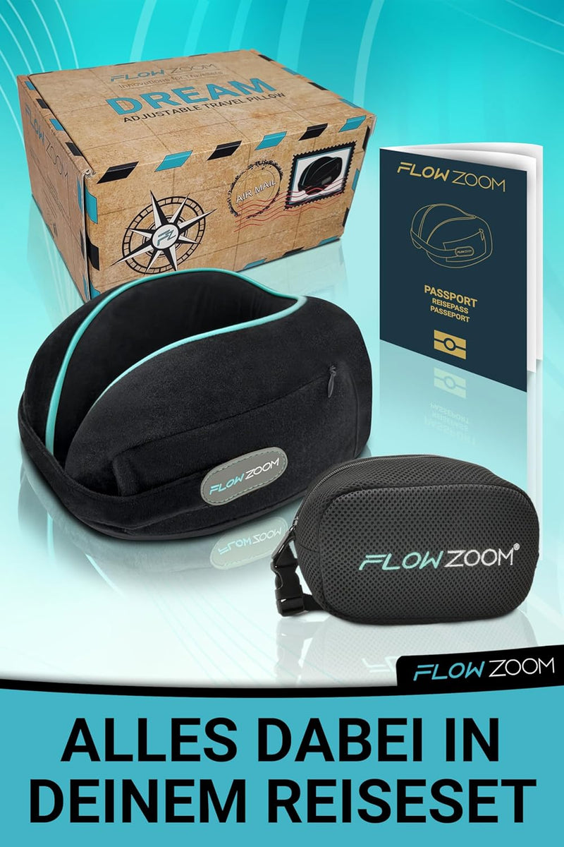 FLOWZOOM® Dream Nackenkissen Reise-Kissen für Flugzeug & Auto aus weichem Memoryfoam mit schmalem Rü