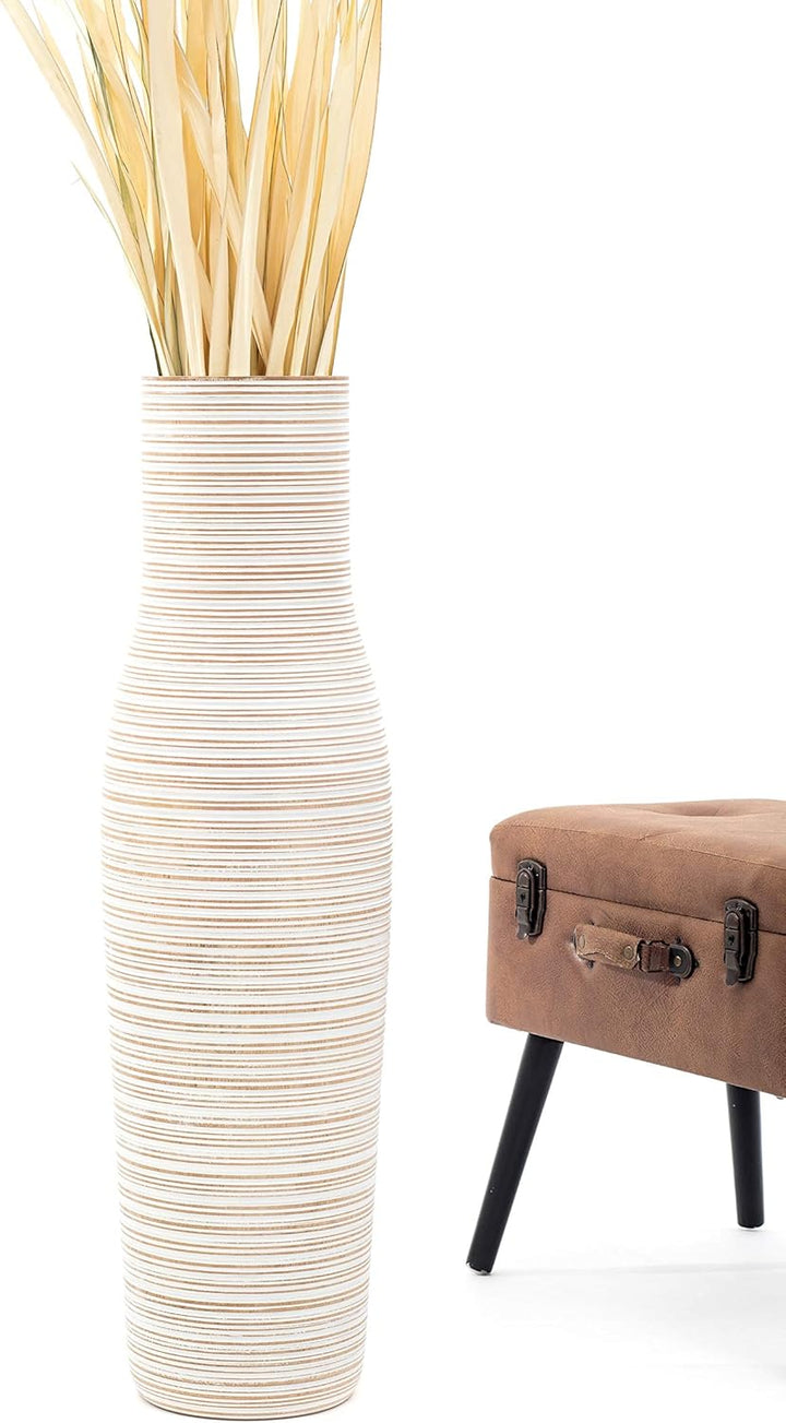Leewadee Grosse Bodenvase für Dekozweige hohe Standvase Design Holzvase, Holz, 90 cm, White wash 90