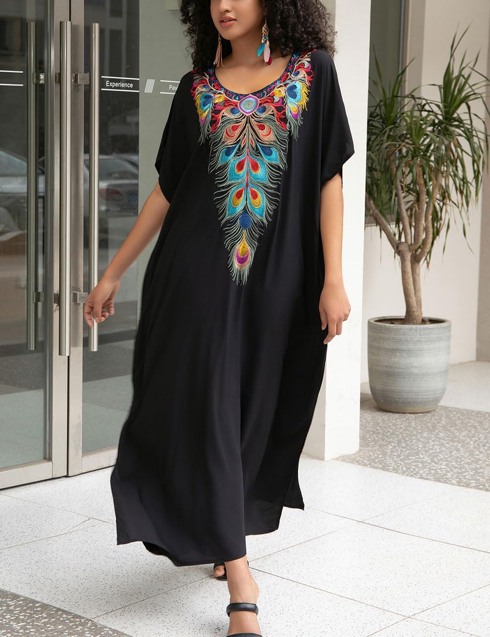 Bsubseach Damen Stickerei Kurzarm Bikini Strandkleid Side Split Beach Kaftan Kleid Ff-schwarz, Ff-sc