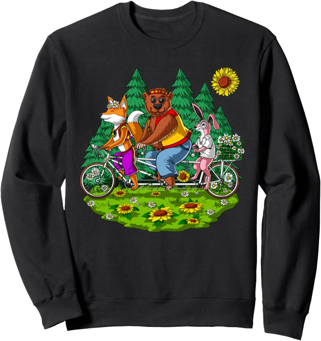 Hippie Tiere Fahren Fahrrad Wald Bär Fuchs Kaninchen Sweatshirt