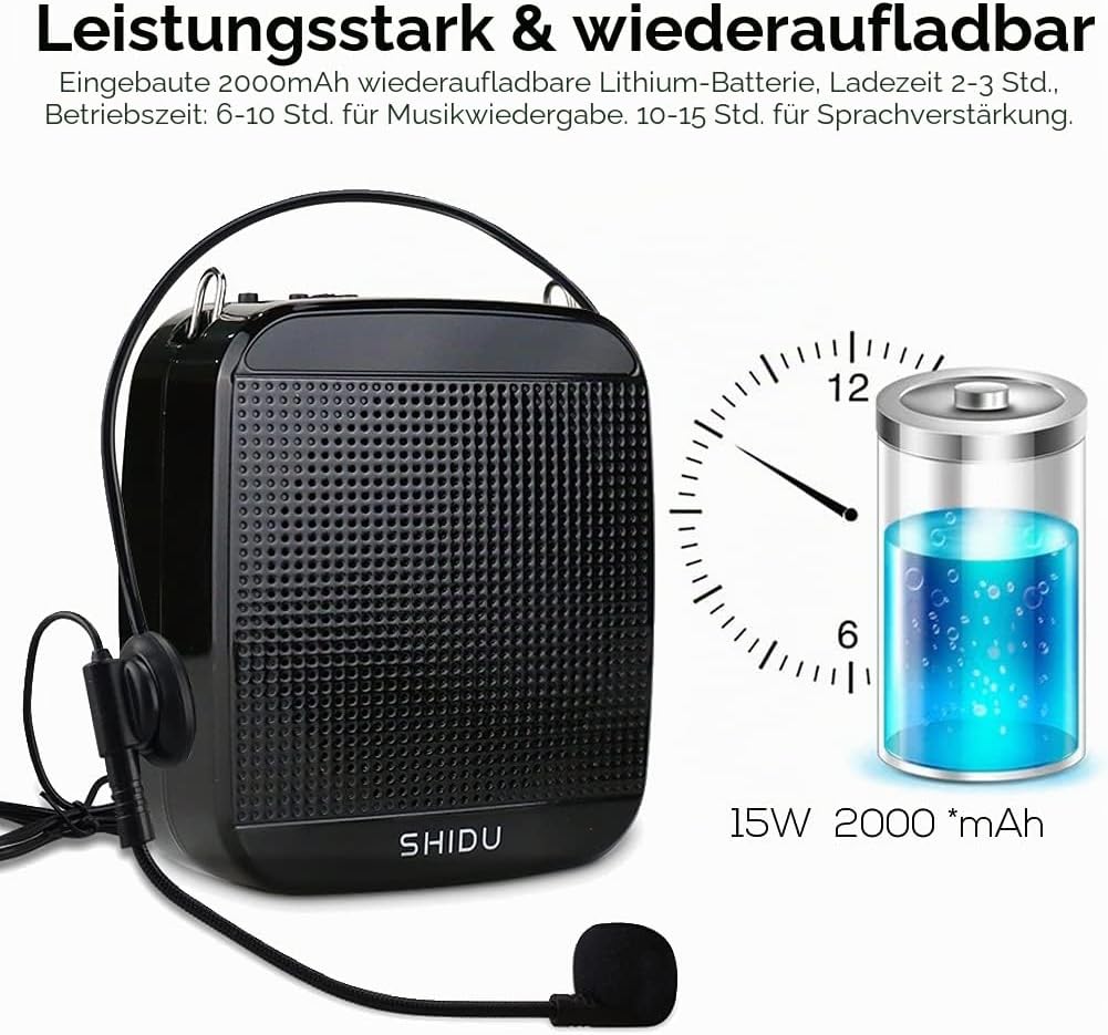 Sprachverstärker Tragbarer SHIDU Stimmverstärker Lautsprecher mit Mikrofon Tragbar Headset 15W 2000m
