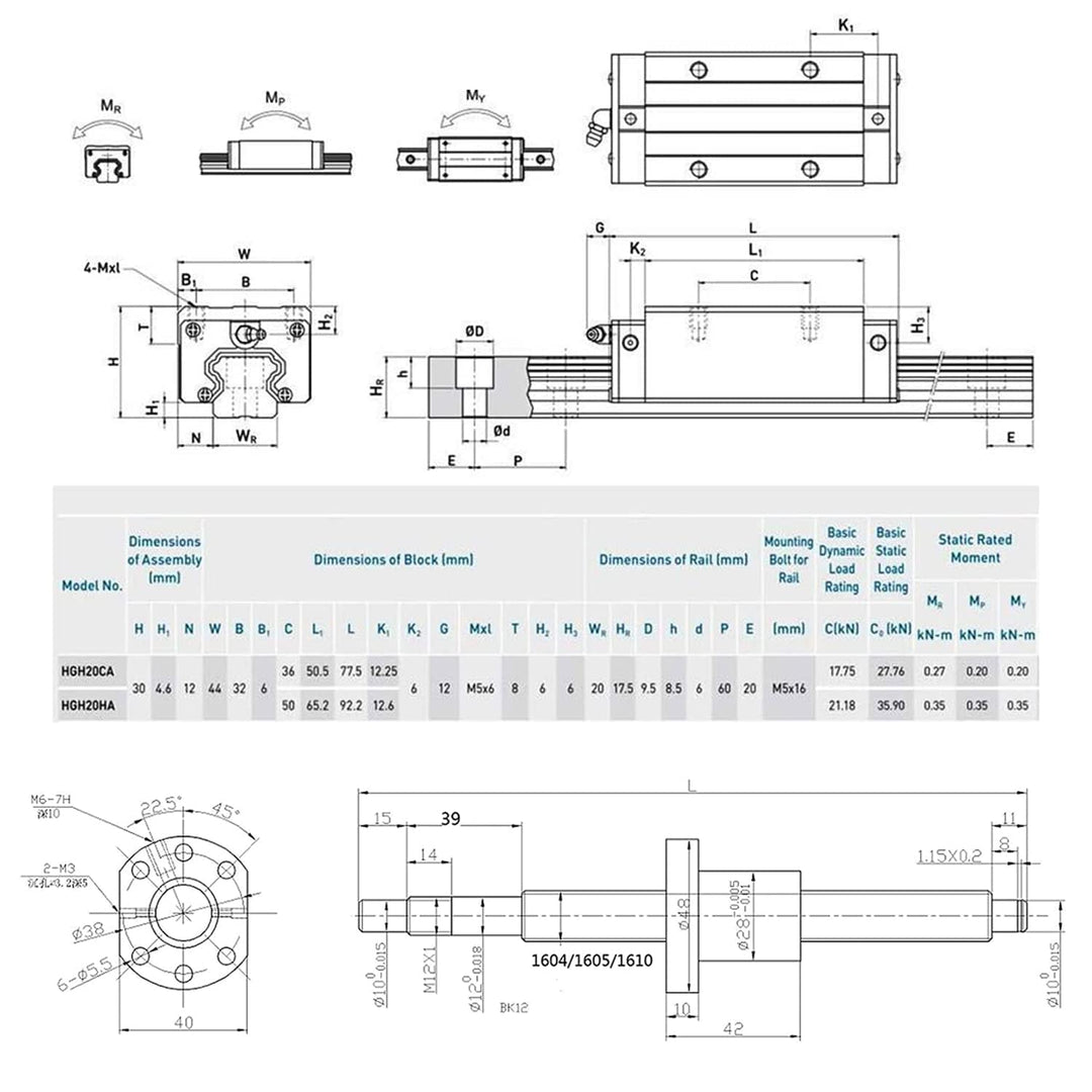 CNCMANS Linearführung Set Enthalten 2 HGR20-600mm Linearschiene mit 4 HGH20CA Gleitblock + SFU1605-6