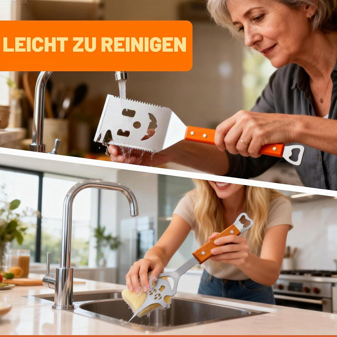 7 in 1 grillspachtel, 420 Edelstahl Grillbesteck Set für Barbecue Grill, mit 22 cm Holzgriff,Einziga