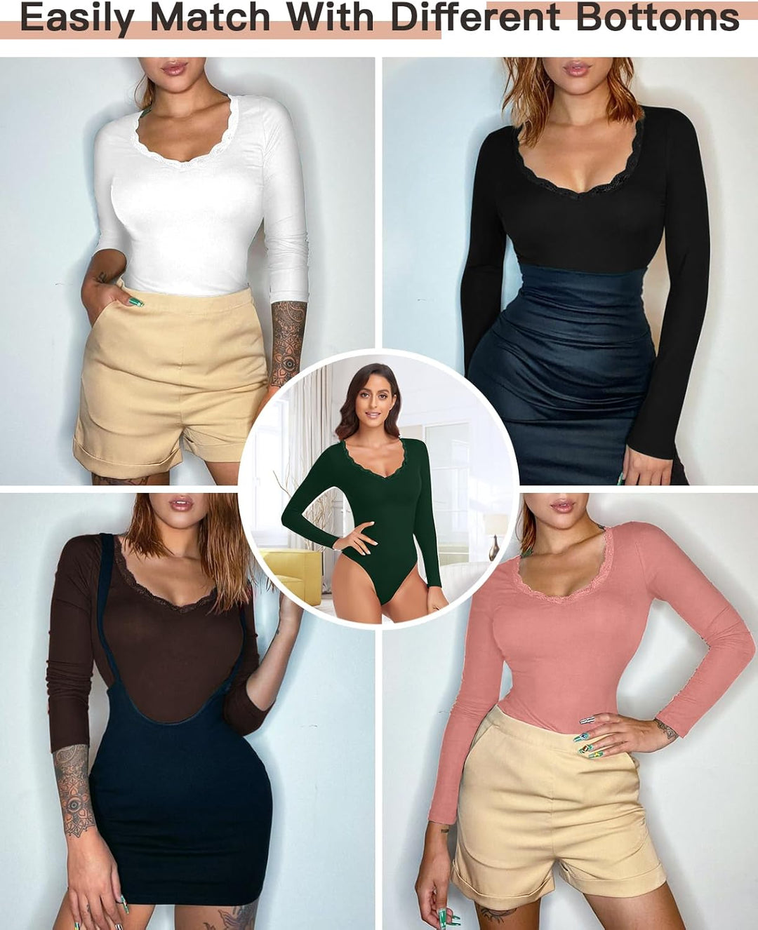 WOWENY Thermo Body Damen Langarm Elegant Langarmbody mit Spitze V-ausschnitt Fleece Bodysuit Warm Be