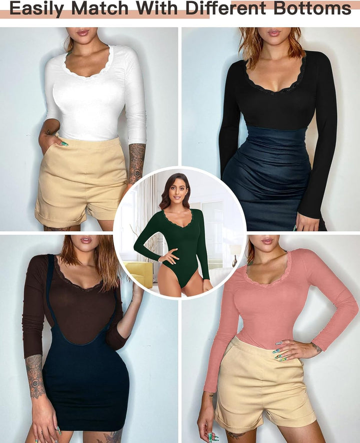 WOWENY Thermo Body Damen Langarm Elegant Langarmbody mit Spitze V-ausschnitt Fleece Bodysuit Warm Be