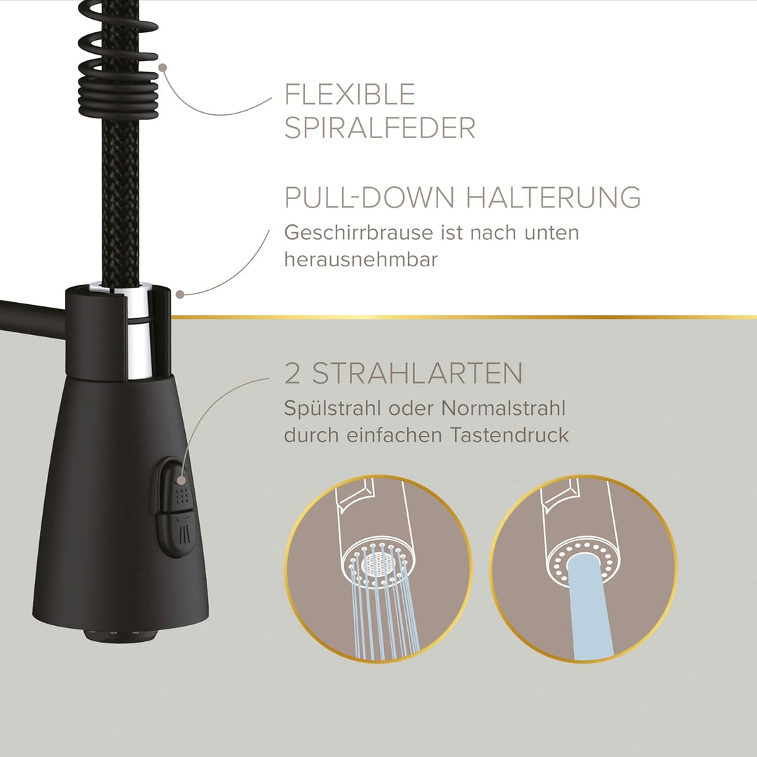 Lenz Küchenarmatur KALANI² in schwarz matt – Armatur mit schwenkbarer Halterung – einfache Installat