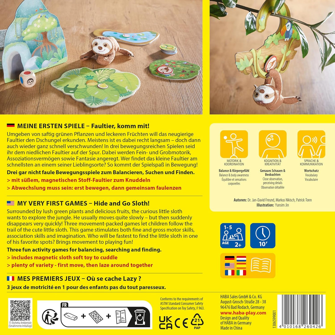 HABA Meine ersten Spiele – Faultier, komm mit! – Lustiges Bewegungsspiel ab 2 J. – Bring das Kuschel
