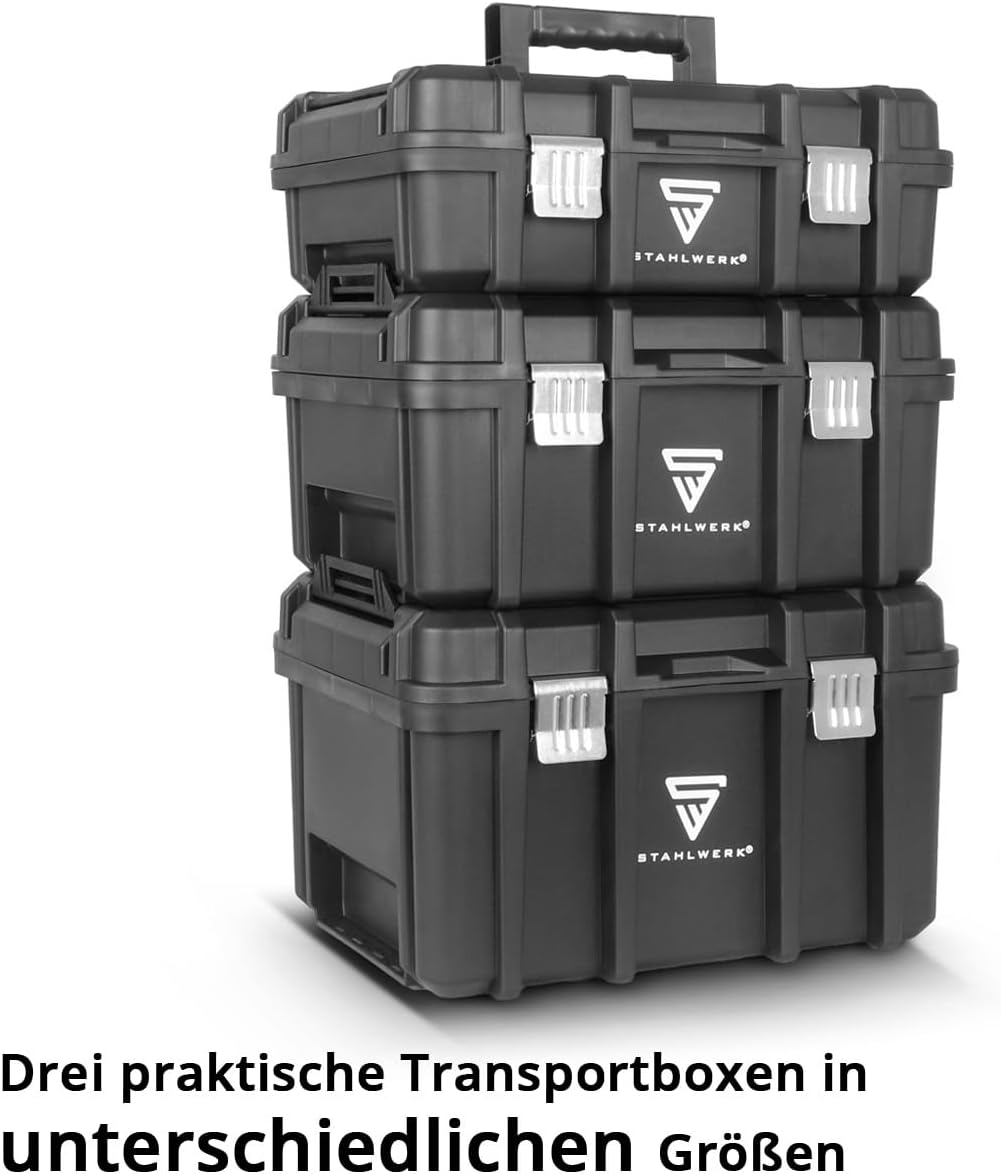STAHLWERK Werkzeugtrolley mit drei Boxen – mobiler Werkzeugkoffer-Trolley mit Teleskopgriff, Metallv