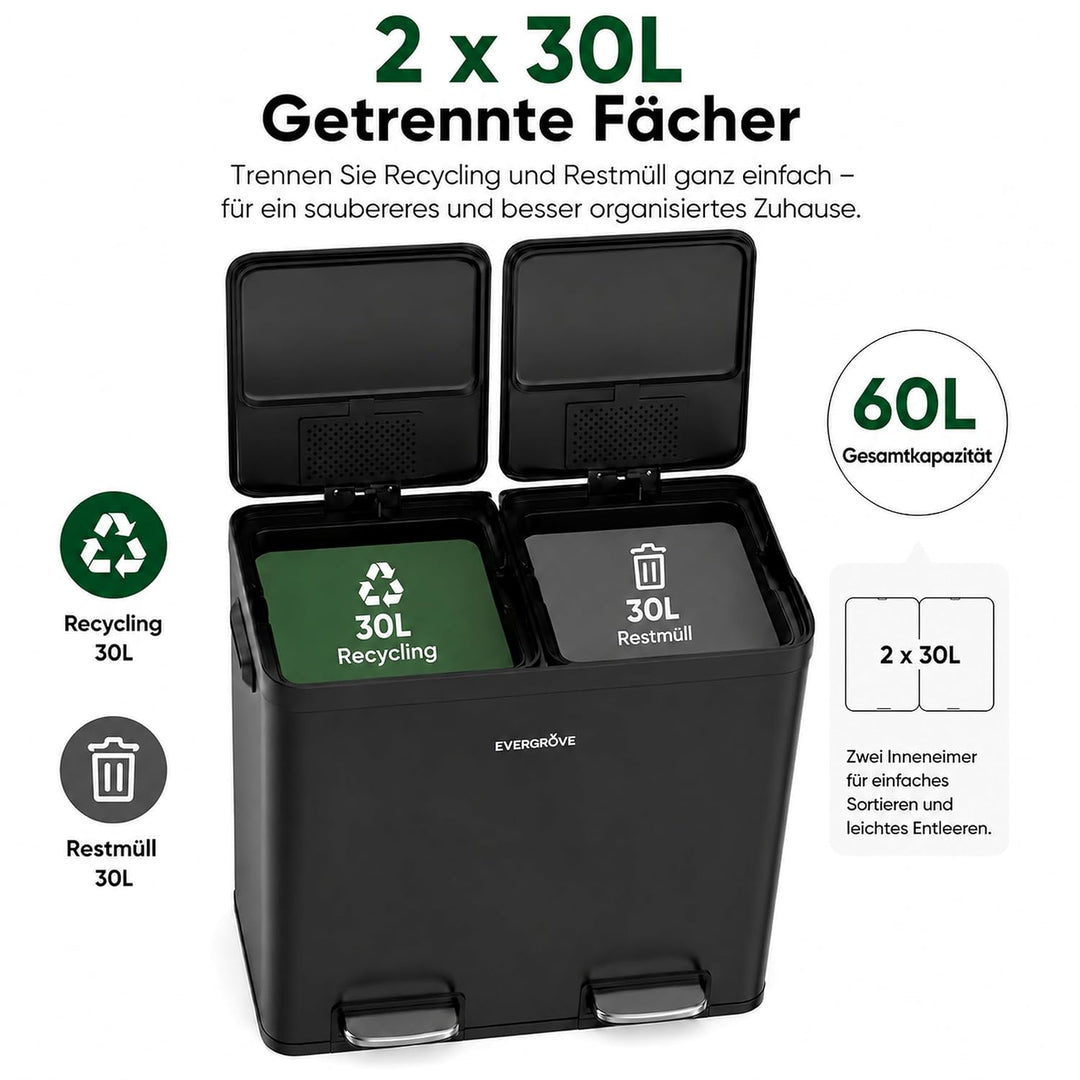 EverGrove 60L Mülltrennsystem, 2x30L, Edelstahl-Deckel, Matte Black | 2 x 30-L-Fächer,Soft-Close-Dec