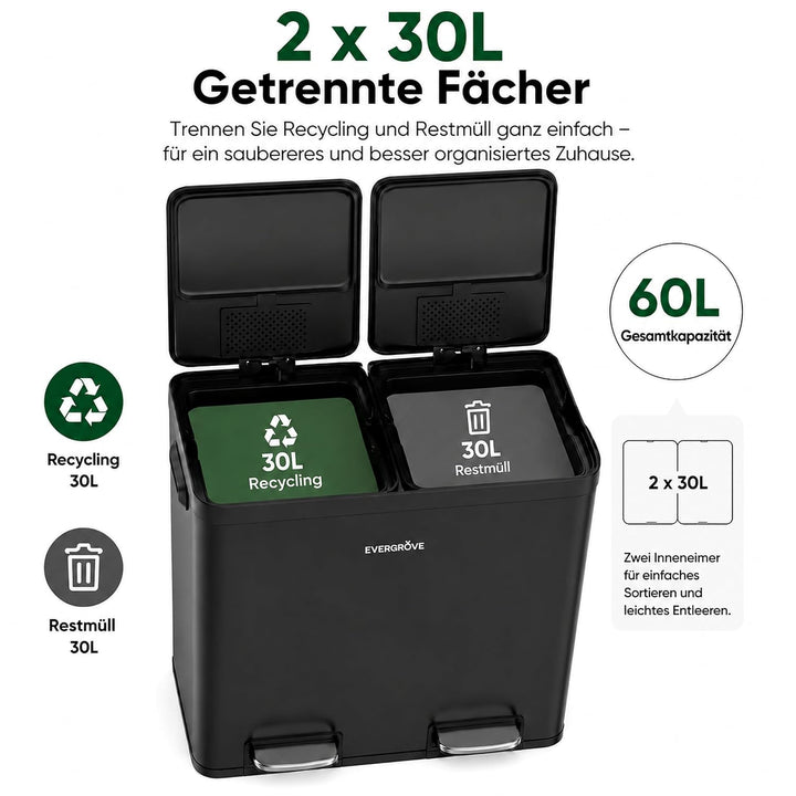 EverGrove 60L Mülltrennsystem, 2x30L, Edelstahl-Deckel, Matte Black | 2 x 30-L-Fächer,Soft-Close-Dec